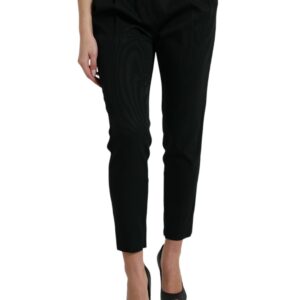 Black Wool High Waist Cropped Tapered Pants
