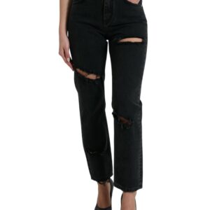 Black Cotton High Waist Tattered Denim Jeans