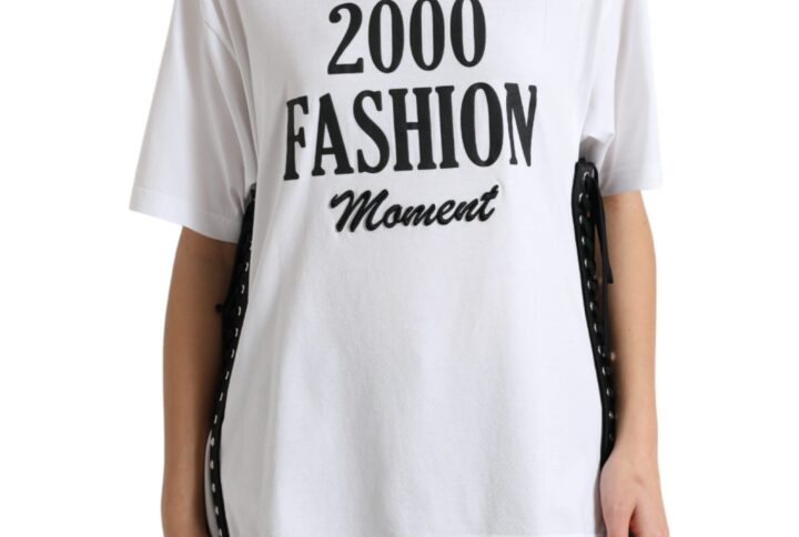 White Slogan Print Lacing Detailed T-shirt - Jag Couture London