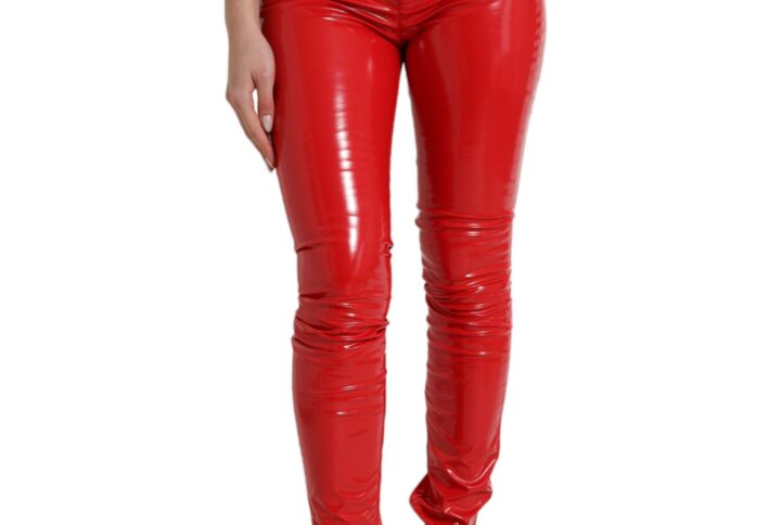 Shiny Red High Waist Skinny Pants - Jag Couture London