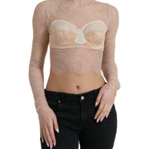 Beige Nylon Floral Lace Bustier Cropped Top