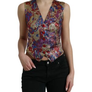 Multicolor Jacquard Button Waistcoat Vest Top