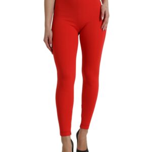 Red Nylon Stretch Slim Leggings Pants