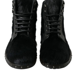 Black Pony Style Leather Mid Calf Boots Shoes