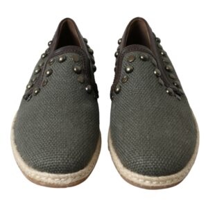 Gray Linen Leather Studded Loafers Shoes