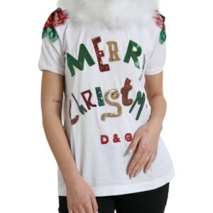 White Cotton Christmas Sequin Fur T-shirt