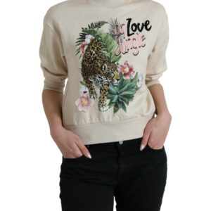 Beige Jungle Printed Cotton Pullover Sweater