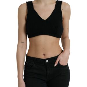 Black Cropped Cashmere V-neck Bustier Top