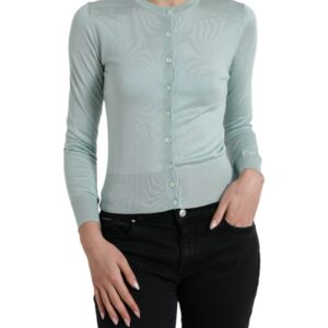 Light Blue Silk Crew Neck Cardigan Sweater