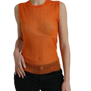 Orange See Through Crew Neck Blouse Tank Top