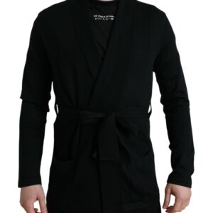 Black Cashmere Long Sleeves Belted Wrap Robe