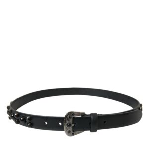 Black Embellished Leather Engraved Buckle Belt
