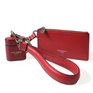 Red Leather Silver Metal Logo Strap Pouch Airpods Case