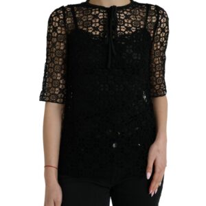 Black Floral Lace Short Sleeves Blouse Top