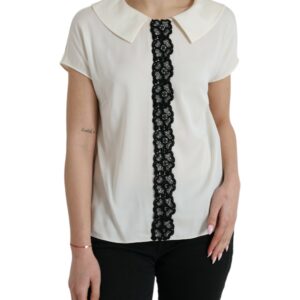 Off White Silk Lace Trim Short Sleeves Top