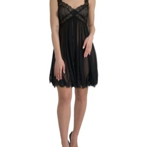 Black Silk Pleated Lace Chiffon Mini Dress