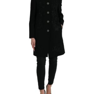 Black Floral Wool Button Embellished Jacket