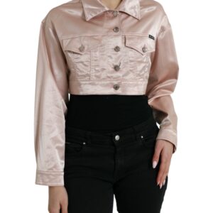 Pink Cotton Stretch Collared Cropped Jacket