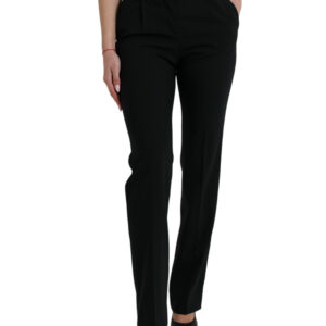 Black Wool Mid Waist Tapered Pants