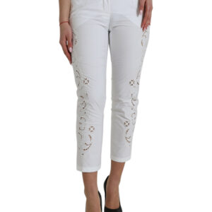 White Cut Out Cotton Mid Waist Cropped Pants