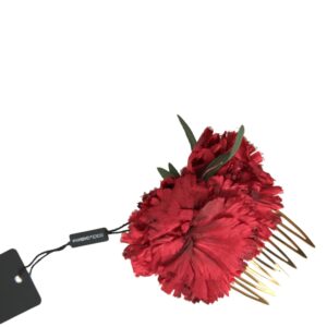 Red Silk Floral Gold Brass Women Hair Comb
