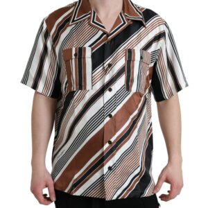 Brown White Silk Striped Short Sleeve Shirt