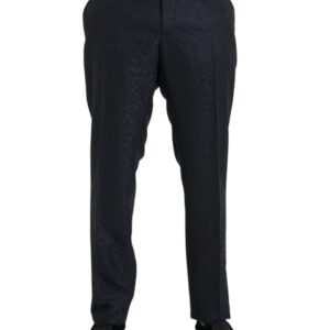 Blue Brocade Wool Skinny Men Dress Pants