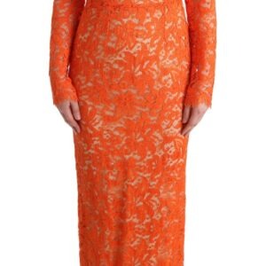 Orange Floral Ricamo Sheath Long Dress