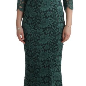 Green Floral Crystal Ricamo Sheath Dress