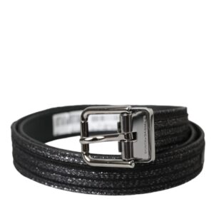 Black Jacquard Stripes Silver Metal Buckle Belt