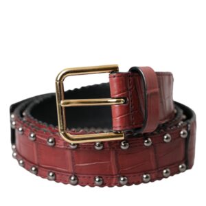 Brown Alligator Leather Studded Metal Buckle Belt