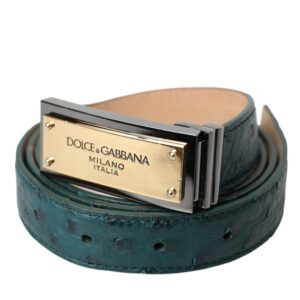 Green Leather Gold Logo Engraved Buckle Belt