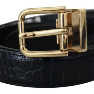 Blue Exotic Leather Gold Metal Buckle Belt