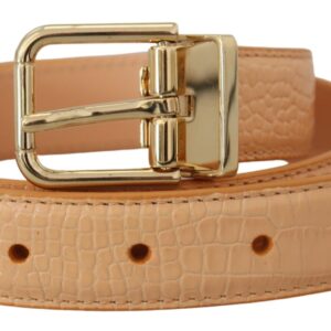 Beige Exotic Leather Gold Metal Buckle Belt