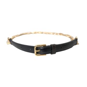 Black Leather Gold Chain Crystal Waist Women Belt