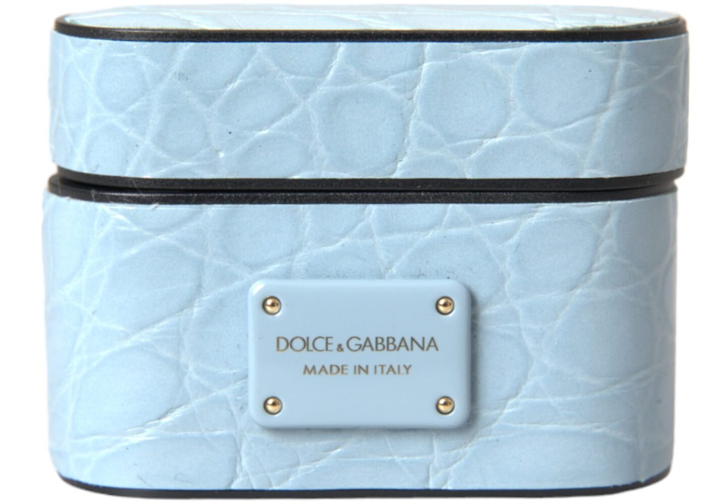 Light Blue Leather Metal Logo Plaque Airpods Case - Jag Couture London