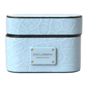 Light Blue Leather Metal Logo Plaque Airpods Case