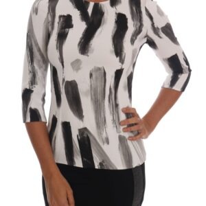 White Black Striped Printed Blouse Top