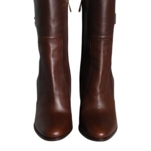 Brown Leather Heels Mid Calf Boots Shoes
