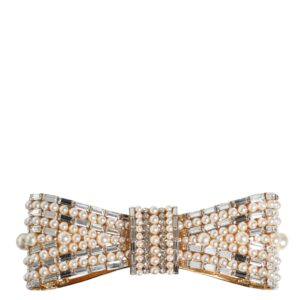 Gold Tone Brass Bow Crystal FauxPearl Embellished Brooch - Jag Couture London