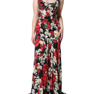 Black Floral Silk Sleeveless Long Gown Dress