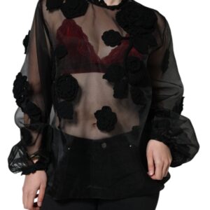 Black Nylon Mesh Transparent Floral Blouse