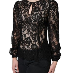 Black Floral Lace See Through Long Sleeve Top
