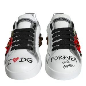 White Leather Floral Studded Sneakers Shoes