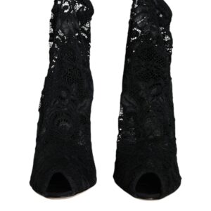 Black Lace Stretch Heels Mid Calf Boot Shoes