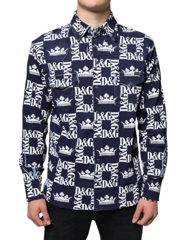 Blue Crown Logo Print Slim Fit Cotton Shirt