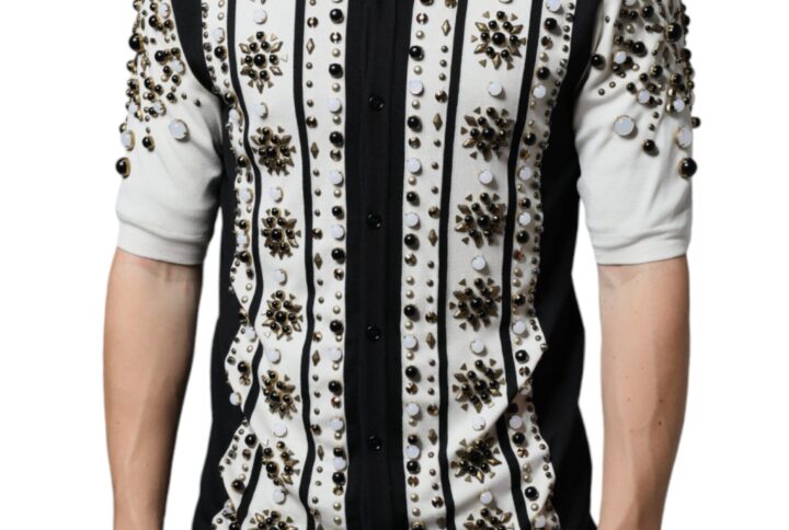 White Black Silk Studded Stone Crystal Shirt - Jag Couture London