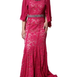 Pink Lace Crystal Sheath Long Gown Dress
