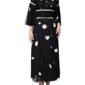 Black Silk Daisy A-line Long Maxi Dress