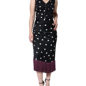 Black Silk Polka Dot Vneck Tassel Midi Dress